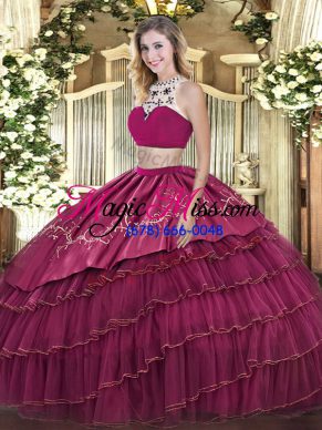 Floor Length Fuchsia 15 Quinceanera Dress Tulle Sleeveless Beading and Embroidery and Ruffled Layers