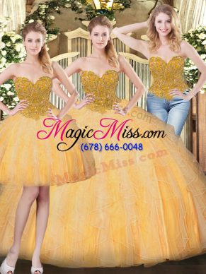 Elegant Sleeveless Floor Length Beading and Ruffles Lace Up Vestidos de Quinceanera with Gold