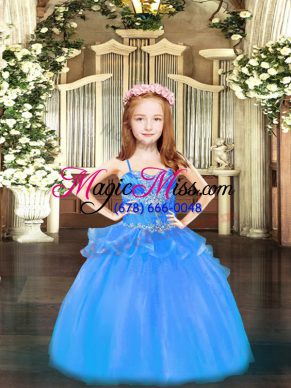 Custom Fit Sleeveless Organza Floor Length Lace Up Little Girls Pageant Gowns in Baby Blue with Beading