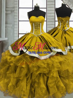 Adorable Sleeveless Beading and Ruffles Lace Up Quinceanera Gown with Brown