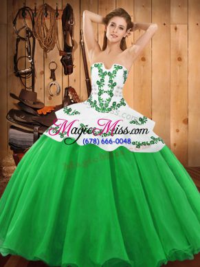 Noble Sleeveless Floor Length Embroidery Lace Up Sweet 16 Dresses with Green