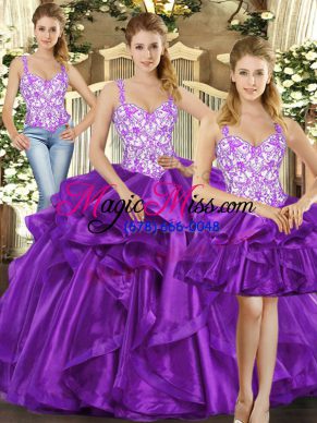 Delicate Eggplant Purple Ball Gowns Tulle Straps Sleeveless Beading and Ruffles Floor Length Lace Up Quinceanera Gown