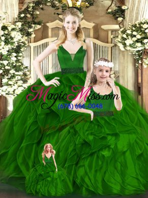 Romantic Green V-neck Zipper Beading and Ruffles Quinceanera Dress Sleeveless