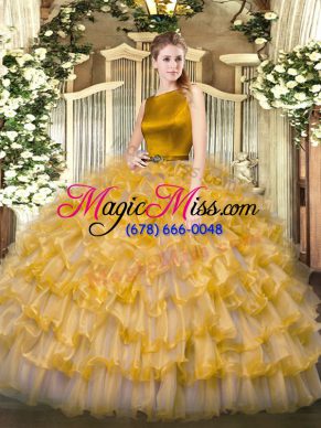 Customized Floor Length Gold Quince Ball Gowns Organza Sleeveless Ruffled Layers