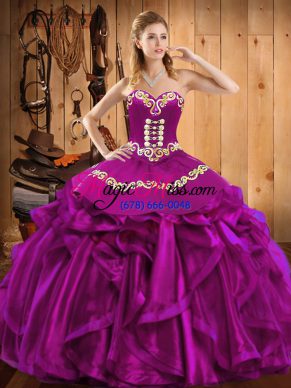 Floor Length Fuchsia Sweet 16 Dress Sweetheart Sleeveless Lace Up