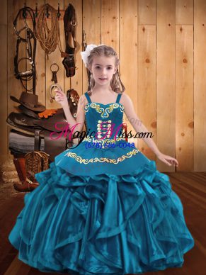 Organza Straps Sleeveless Lace Up Embroidery and Ruffles Little Girls Pageant Gowns in Teal