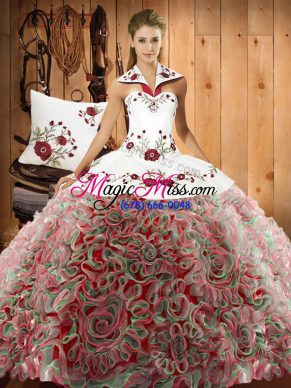 Amazing Multi-color Quince Ball Gowns Military Ball and Sweet 16 and Quinceanera with Embroidery Halter Top Sleeveless Sweep Train Lace Up