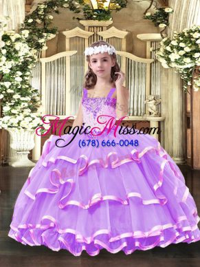 Nice Lilac Lace Up Little Girls Pageant Gowns Beading and Ruffled Layers Sleeveless Floor Length