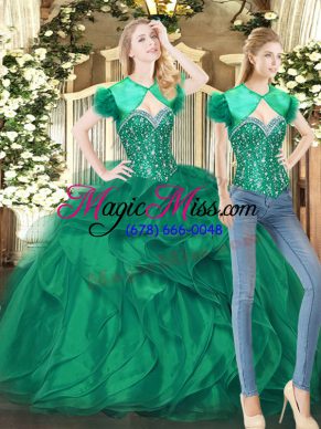 Fashion Floor Length Dark Green 15 Quinceanera Dress Tulle Sleeveless Beading and Ruffles