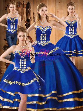 Blue Ball Gowns Embroidery Ball Gown Prom Dress Lace Up Satin and Tulle Sleeveless Floor Length