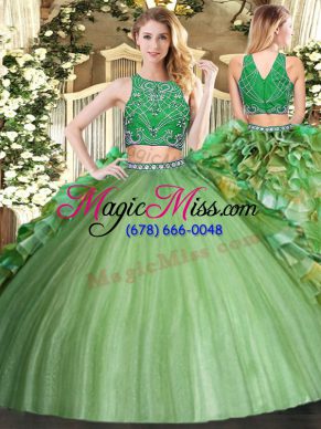 Attractive Olive Green Tulle Zipper Sweet 16 Dresses Sleeveless Floor Length Beading and Ruffles