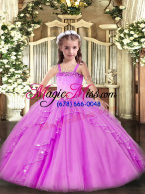 Lilac Ball Gowns Appliques and Ruffles Little Girl Pageant Gowns Lace Up Organza Sleeveless Floor Length