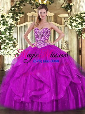 Fantastic Fuchsia Quince Ball Gowns Military Ball and Sweet 16 and Quinceanera with Beading and Ruffles Sweetheart Sleeveless Lace Up