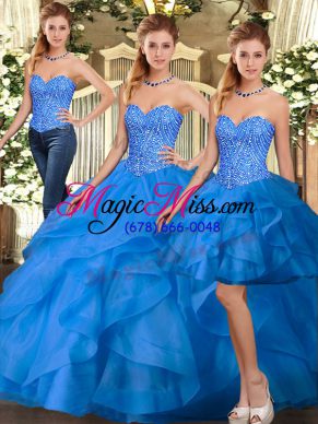 Chic Organza Sweetheart Sleeveless Lace Up Beading and Ruffles Sweet 16 Quinceanera Dress in Blue