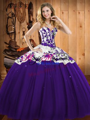 Elegant Floor Length Lace Up Sweet 16 Dress Purple for Military Ball and Sweet 16 and Quinceanera with Embroidery