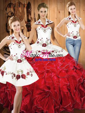 White And Red Lace Up Quinceanera Gown Embroidery and Ruffles Sleeveless Floor Length