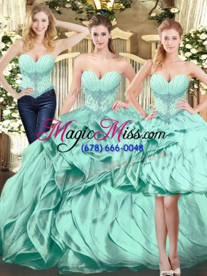 Fantastic Apple Green Lace Up Sweetheart Beading and Ruffles Sweet 16 Dresses Organza Sleeveless