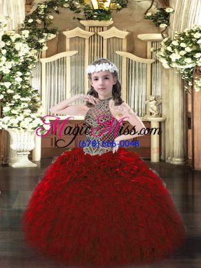 Sleeveless Lace Up Floor Length Beading and Ruffles Little Girls Pageant Dress