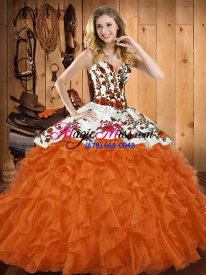 Deluxe Embroidery and Ruffles Quince Ball Gowns Orange Red Lace Up Sleeveless Asymmetrical