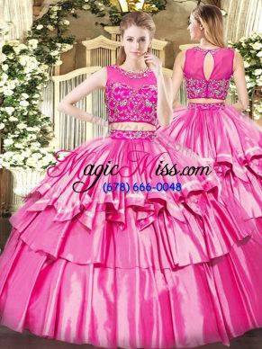 Scoop Sleeveless Zipper 15th Birthday Dress Rose Pink Tulle