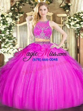 Fantastic Scoop Sleeveless Quinceanera Dresses Floor Length Beading and Ruffles Fuchsia Tulle