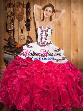 Inexpensive Hot Pink Ball Gowns Satin and Organza Strapless Sleeveless Embroidery and Ruffles Floor Length Lace Up Quinceanera Dress