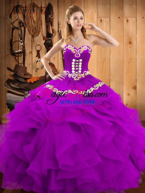 Romantic Satin and Organza Sleeveless Floor Length Sweet 16 Dress and Embroidery and Ruffles