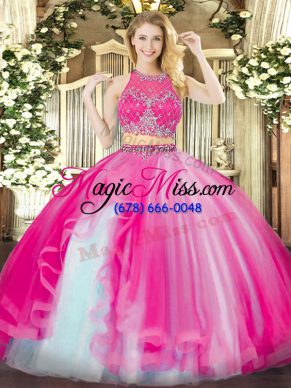 Floor Length Hot Pink Quinceanera Dress Organza Sleeveless Beading and Ruffles