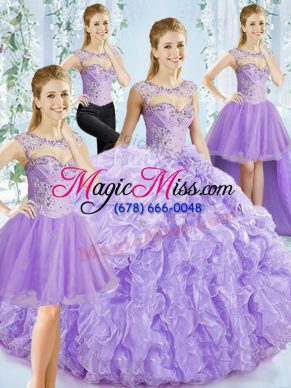 Fashionable Lavender Lace Up Vestidos de Quinceanera Beading and Ruffled Layers Sleeveless Brush Train