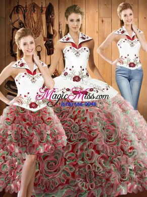 Custom Fit Halter Top Sleeveless Fabric With Rolling Flowers Sweet 16 Dresses Embroidery Sweep Train Lace Up