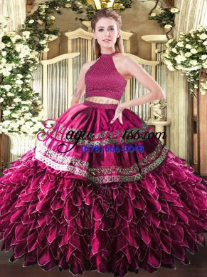 High Class Halter Top Sleeveless Satin and Organza Quinceanera Dress Embroidery and Ruffles Backless