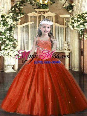 Rust Red Ball Gowns Beading Little Girl Pageant Gowns Lace Up Tulle Sleeveless Floor Length