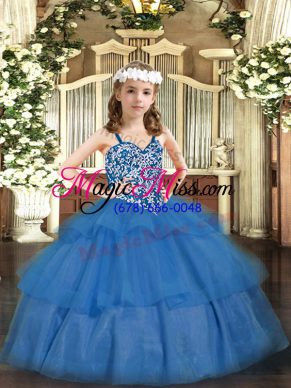 Top Selling Baby Blue Kids Pageant Dress Party and Quinceanera with Beading and Ruffled Layers Straps Sleeveless Lace Up