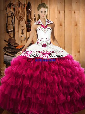 Smart Satin and Organza Sleeveless Floor Length Vestidos de Quinceanera and Embroidery and Ruffled Layers