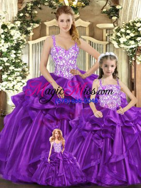 Purple Organza Lace Up Ball Gown Prom Dress Sleeveless Floor Length Beading and Ruffles