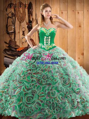 Extravagant Multi-color Lace Up Ball Gown Prom Dress Embroidery Sleeveless With Train Sweep Train