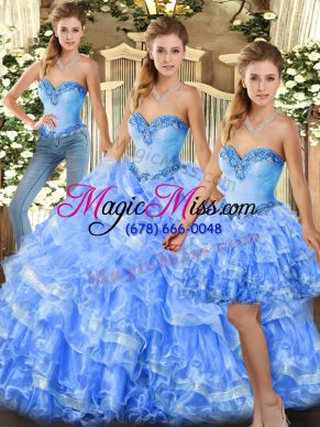 Ideal Sleeveless Lace Up Floor Length Beading and Ruffles Quinceanera Gowns