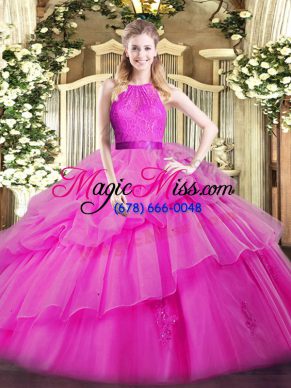 Sleeveless Floor Length Lace and Ruffled Layers Zipper Quinceanera Dresses with Fuchsia