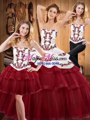 Classical Burgundy Ball Gowns Embroidery and Ruffled Layers Quinceanera Gowns Lace Up Tulle Sleeveless