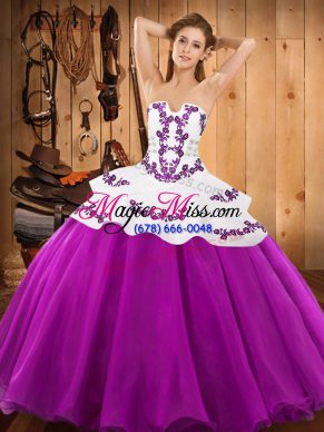 Sleeveless Floor Length Embroidery Lace Up Quince Ball Gowns with Fuchsia