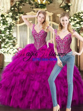 Floor Length Two Pieces Sleeveless Fuchsia 15th Birthday Dress Lace Up