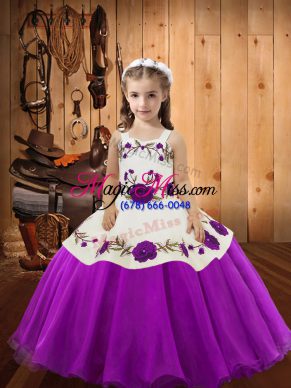 Purple Organza Lace Up Little Girls Pageant Dress Wholesale Sleeveless Floor Length Embroidery