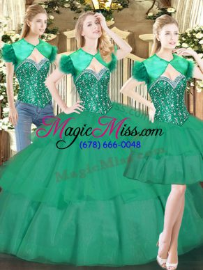 Turquoise Lace Up Sweetheart Beading and Ruffled Layers Sweet 16 Dresses Tulle Sleeveless