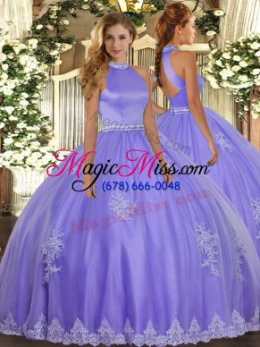 Lavender Backless Halter Top Beading and Appliques Quinceanera Gowns Tulle Sleeveless