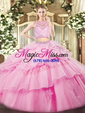 Tulle Sleeveless Floor Length Ball Gown Prom Dress and Beading and Ruffles