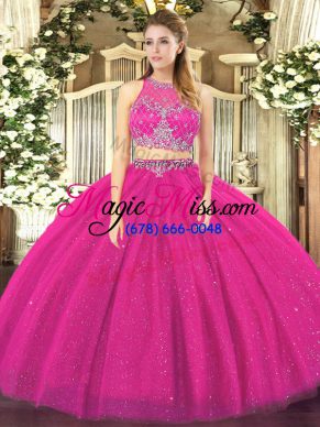 Floor Length Fuchsia Quince Ball Gowns Tulle Sleeveless Beading