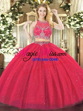 Floor Length Coral Red Vestidos de Quinceanera Tulle Sleeveless Beading