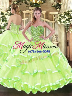 Chic Yellow Green Quinceanera Gown Military Ball and Sweet 16 and Quinceanera with Beading and Ruffled Layers Sweetheart Sleeveless Lace Up