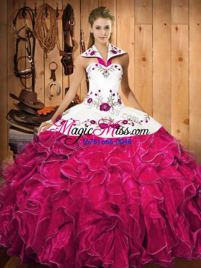 Unique Fuchsia Satin and Organza Lace Up Halter Top Sleeveless Floor Length Vestidos de Quinceanera Embroidery and Ruffles