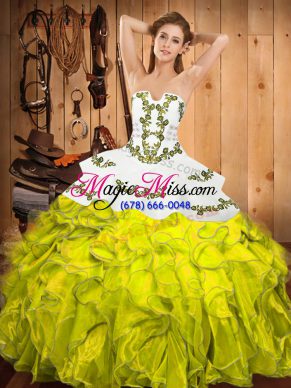 Inexpensive Yellow Green Lace Up Strapless Embroidery and Ruffles Quinceanera Dresses Satin and Organza Sleeveless